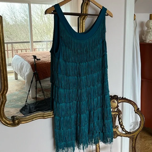 H&M teal Blue Fringe Dress Flapper Great Costume Large - Picture 3 of 8